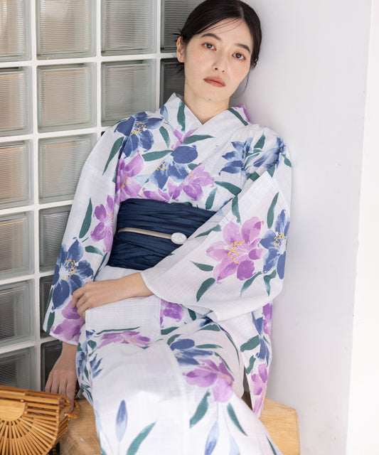 こだわり浴衣5点セット (浴衣/帯/下駄/腰紐/着付け冊子) 変わり織生地 ブルー パープル 百合 ゆり