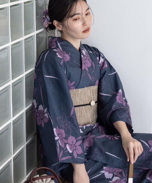 こだわり浴衣5点セット(浴衣/帯/下駄/腰紐/着付け冊子) 浴衣 レディース 浴衣 セット 変わり織生地 ネイビー 紺 パープル