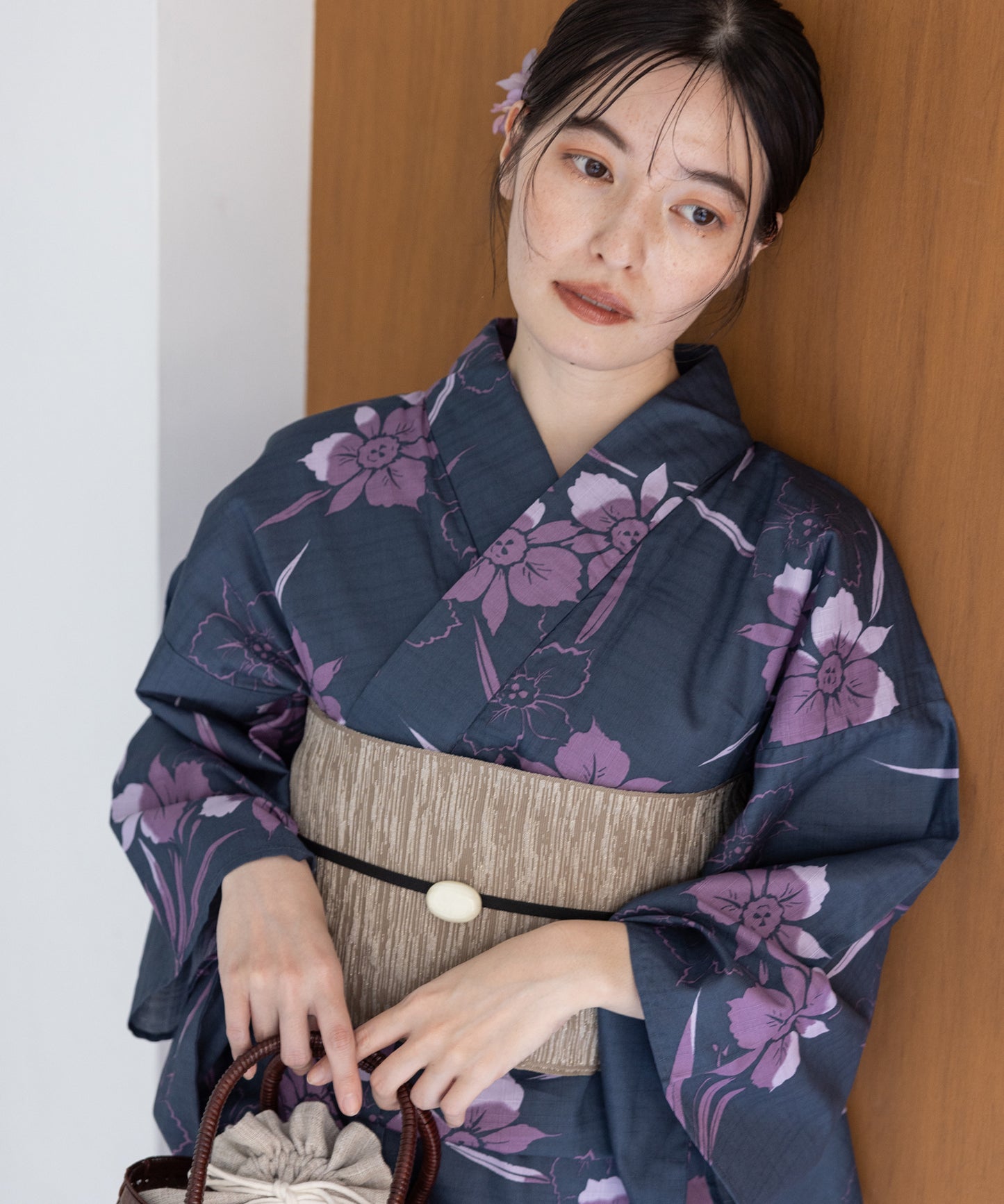 こだわり浴衣5点セット(浴衣/帯/下駄/腰紐/着付け冊子) 変わり織生地 ネイビー 紺 パープル