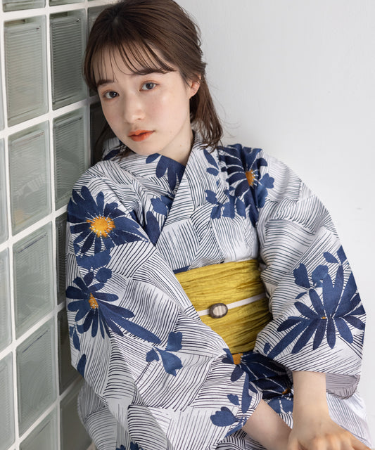 こだわり 浴衣 5点セット (浴衣/帯/下駄/腰紐/着付け冊子) 浴衣 レディース 浴衣 セット ブルー イエロー