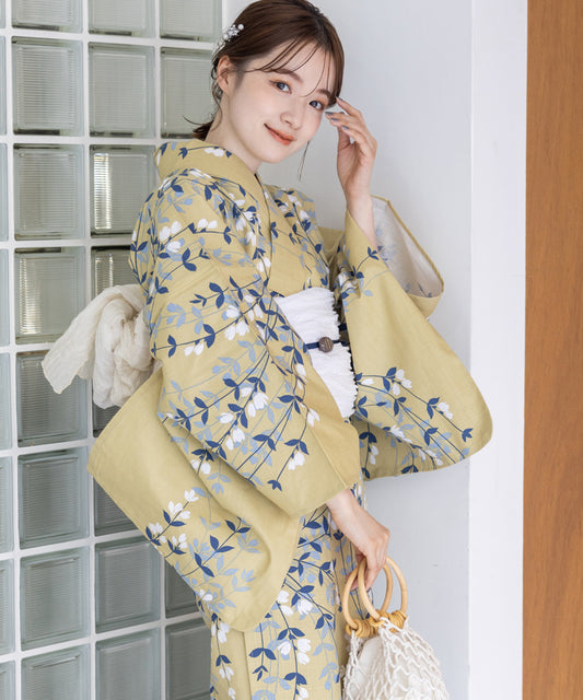 こだわり浴衣5点セット (浴衣/帯/下駄/腰紐/着付け冊子) 変わり織生地 イエロー 黄色