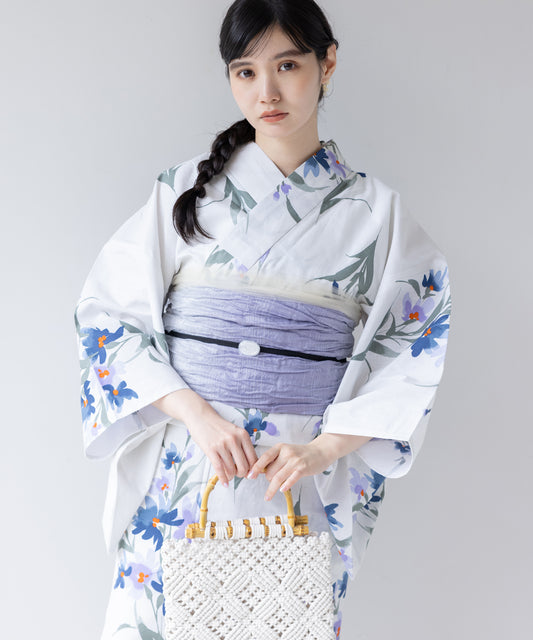 こだわり浴衣 5点セット (浴衣/帯/下駄/腰紐/着付け冊子) 変わり織生地 ホワイト系 ブルー パープル