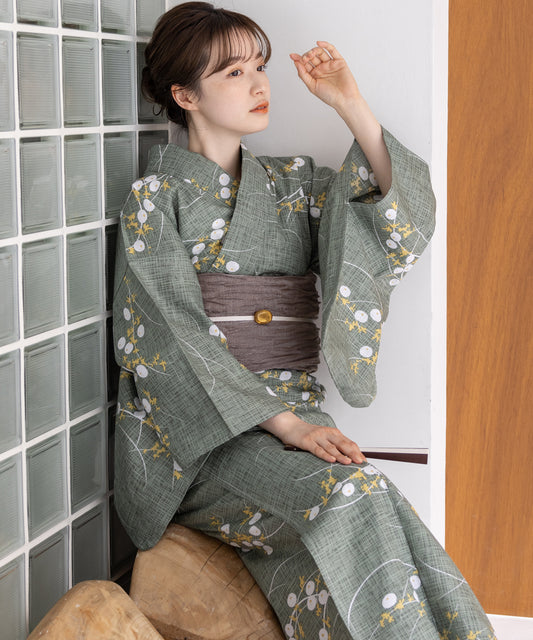 こだわり浴衣5点セット(浴衣/帯/下駄/腰紐/着付け冊子) 変わり織生地 グリーン 緑 露芝