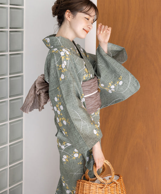 こだわり浴衣5点セット(浴衣/帯/下駄/腰紐/着付け冊子) 変わり織生地 グリーン 緑 露芝