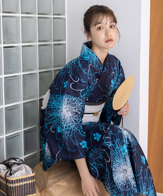 こだわり浴衣5点セット(浴衣/帯/下駄/腰紐/着付け冊子) 変わり織生地 ネイビー 紺 糸菊