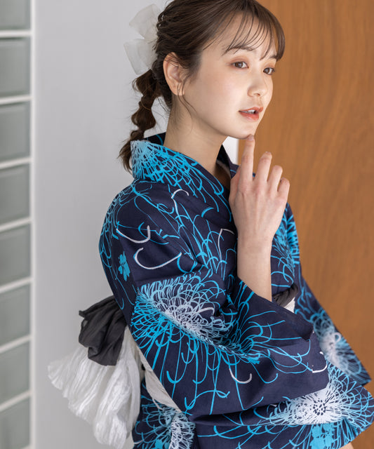 こだわり浴衣5点セット(浴衣/帯/下駄/腰紐/着付け冊子) 変わり織生地 ネイビー 紺 糸菊