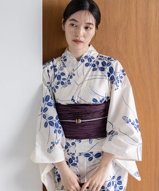 こだわり浴衣5点セット(浴衣/帯/下駄/腰紐/着付け冊子) 変わり織生地 ブルー ホワイト系