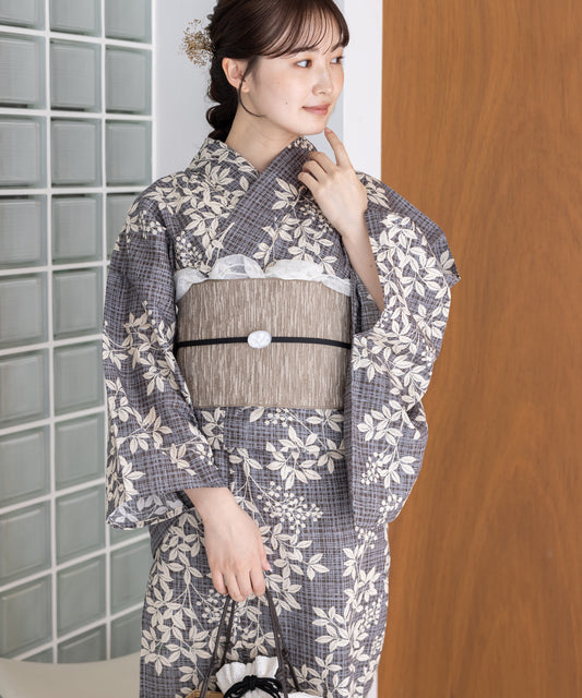 こだわり浴衣5点セット(浴衣/帯/下駄/腰紐/着付け冊子) 変わり織生地 ブラック 黒