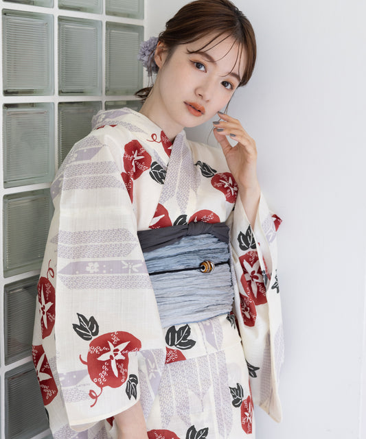 こだわり浴衣5点セット (浴衣/帯/下駄/腰紐/着付け冊子) ※レース兵児帯は別売り 変わり織生地 ホワイト系 レッド 朝顔 アサガオ あさがお