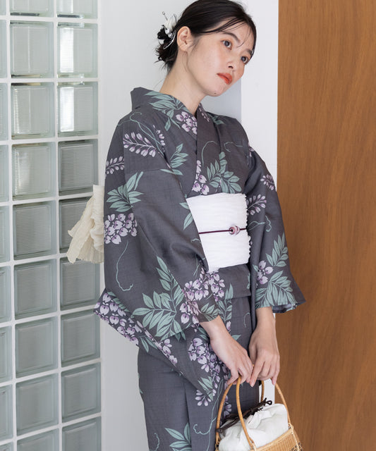 こだわり浴衣5点セット (浴衣/帯/下駄/腰紐/着付け冊子) 変わり織生地 グレー パープル 藤 藤の花