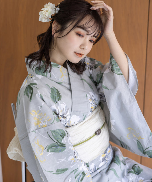 こだわり浴衣5点セット (浴衣/帯/下駄/腰紐/着付け冊子) 変わり織生地 ライトグレー グレー 向日葵 ヒマワリ ひまわり 手書き