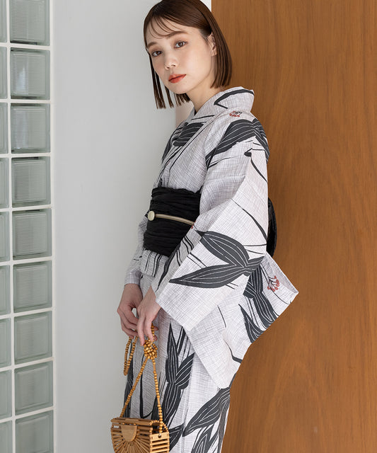 こだわり浴衣5点セット (浴衣/帯/下駄/腰紐/着付け冊子) 変わり織生地 ブラック 黒 グレー スミクロ ホワイト 笹の葉