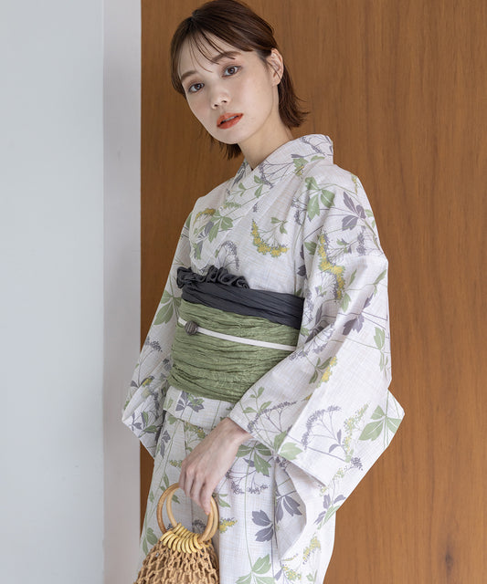 こだわり浴衣5点セット (浴衣/帯/下駄/腰紐/着付け冊子) ※レース兵児帯は別売り 変わり織生地 イエロー グリーン カスミソウ