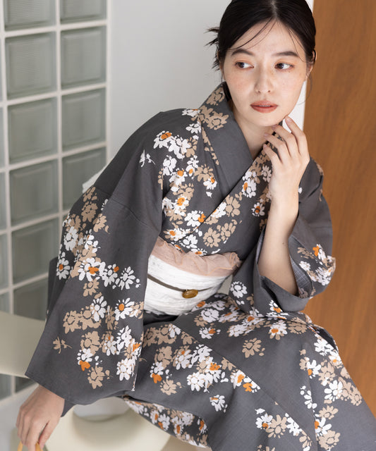 こだわり浴衣5点セット (浴衣/帯/下駄/腰紐/着付け冊子) ※レース兵児帯は別売り 変わり織生地 グレー マーガレット