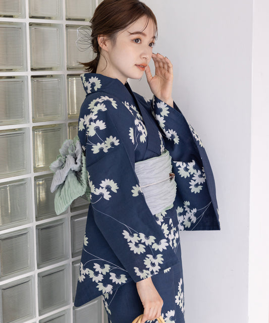 こだわり浴衣5点セット (浴衣/帯/下駄/腰紐/着付け冊子) 変わり織生地 ブルー 小花