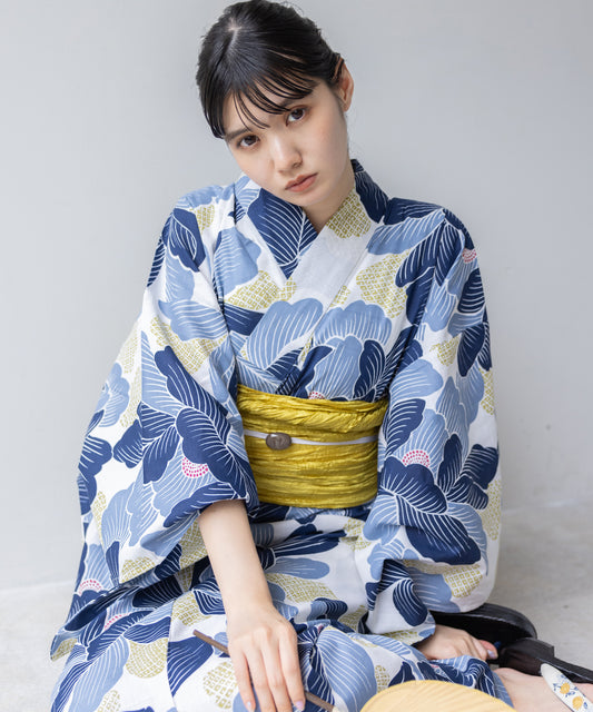 こだわり浴衣5点セット (浴衣/帯/下駄/腰紐/着付け冊子) 変わり織生地 ブルー