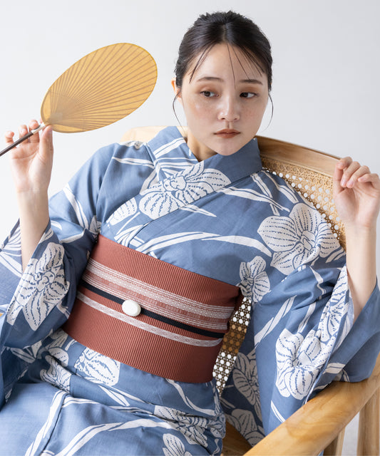 こだわり浴衣5点セット (浴衣/帯/下駄/腰紐/着付け冊子) 変わり織生地 ブルー 蘭 ラン 蘭の花