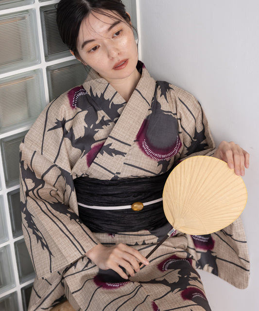 こだわり浴衣5点セット(浴衣/帯/下駄/腰紐/着付け冊子) 変わり織生地 ベージュ ブラック レッド アザミ あざみ 格子