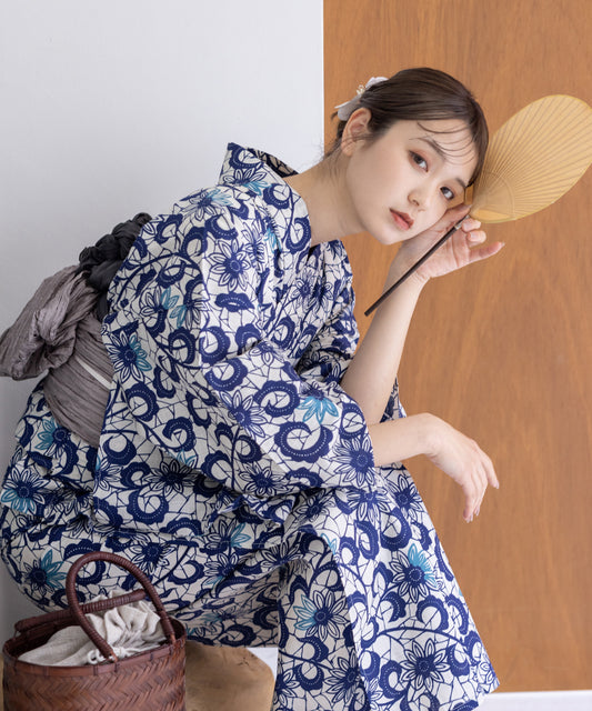 こだわり浴衣5点セット(浴衣/帯/下駄/腰紐/着付け冊子) 変わり織生地 ブルー ホワイト系