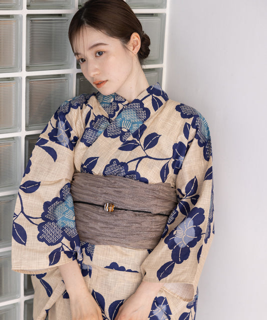 こだわり浴衣5点セット(浴衣/帯/下駄/腰紐/着付け冊子) 変わり織生地 ベージュ ブルー 椿 つばき