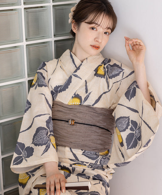 こだわり浴衣5点セット(浴衣/帯/下駄/腰紐/着付け冊子) 変わり織生地 イエロー 黄色