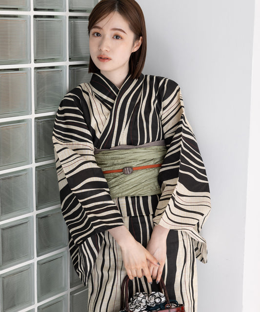 こだわり浴衣5点セット (浴衣/帯/下駄/腰紐/着付け冊子) ※レース兵児帯は別売り 麻混 綿麻 先染め 生成 ブラック 縦縞 縞 よろけ ストライプ