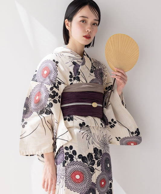 こだわり 浴衣 5点セット (浴衣/帯/下駄/腰紐/着付け冊子) ※プリーツ兵児帯は別売り 麻混 綿麻 ブラック パープル 菊