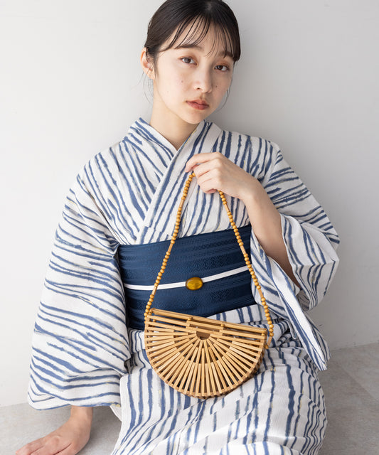 こだわり浴衣5点セット (浴衣/帯/下駄/腰紐/着付け冊子) 浴衣 レディース 浴衣 セット 麻混 綿麻 ホワイト系 ブルー ストライプ 縦縞 縞