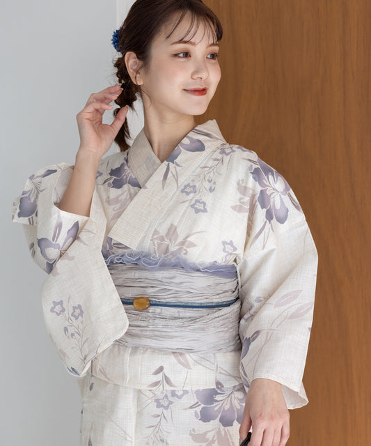 こだわり浴衣5点セット (浴衣/帯/下駄/腰紐/着付け冊子) 変わり織生地 ホワイト系 ライトグレー 百合 桔梗