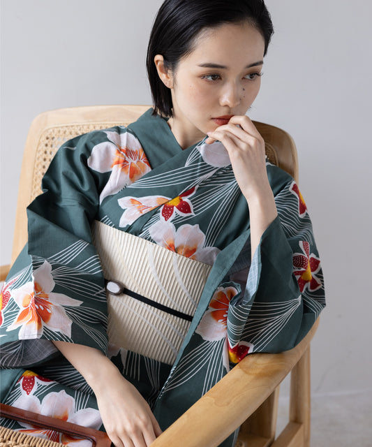こだわり 浴衣 5点セット (浴衣/帯/下駄/腰紐/着付け冊子) グリーン 百合 ゆり