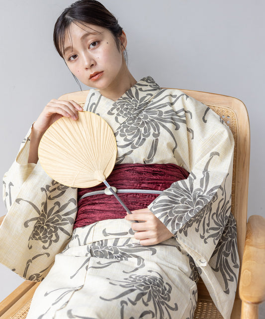 こだわり 浴衣 5点セット (浴衣/帯/下駄/腰紐/着付け冊子) 綿麻 先染め 生成 菊