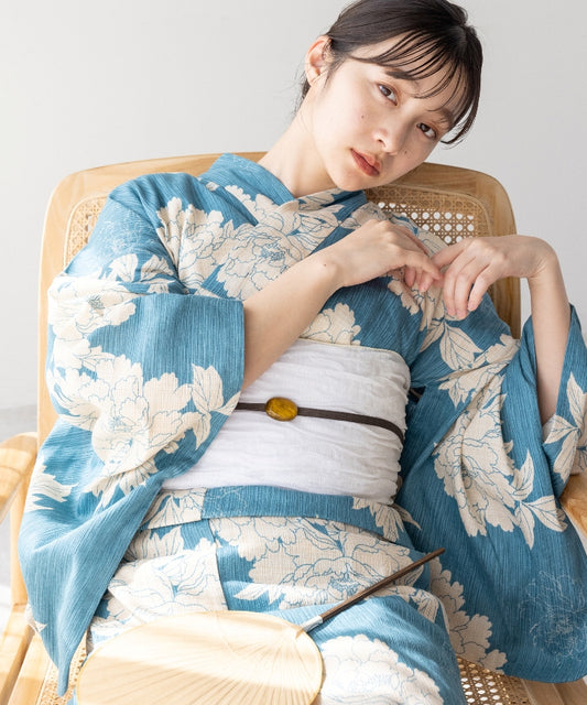 こだわり浴衣5点セット (浴衣/帯/下駄/腰紐/着付け冊子) 麻混 綿麻 楊柳生地 ブルー ライトブルー 牡丹 ボタン