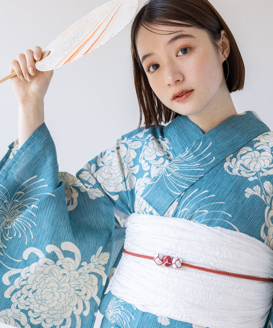 こだわり 浴衣 5点セット (浴衣/帯/下駄/腰紐/着付け冊子) 麻混 綿麻 ブルー ライトブルー 菊