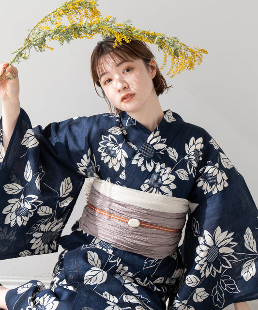 こだわり 浴衣 5点セット (浴衣/帯/下駄/腰紐/着付け冊子) ※レース兵児帯は別売り 麻混 綿麻 ネイビー ひまわり