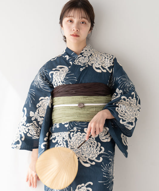 こだわり 浴衣 5点セット (浴衣/帯/下駄/腰紐/着付け冊子) ※プリーツ兵児帯は別売り 麻混 綿麻 ブルーグリーン ネイビー 菊