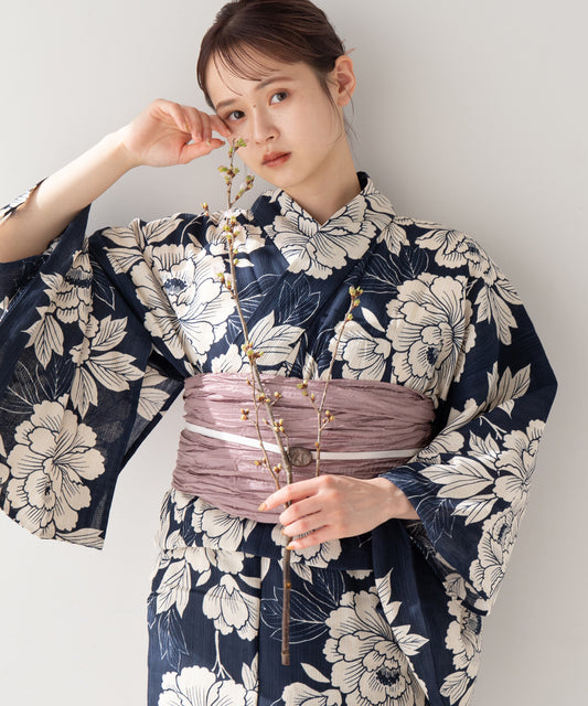 こだわり 浴衣 5点セット (浴衣/帯/下駄/腰紐/着付け冊子) 麻混 綿麻 ネイビー 芍薬