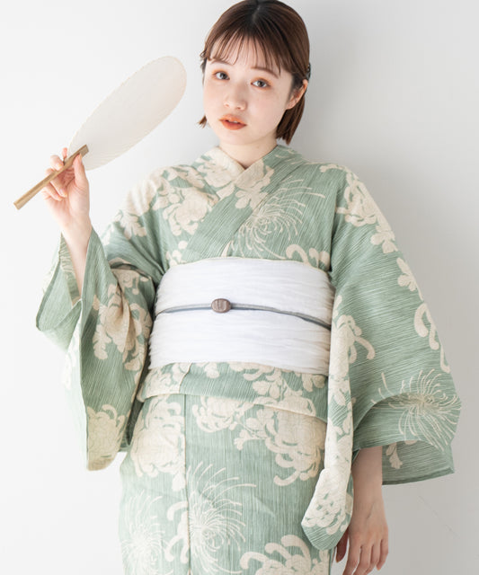 こだわり 浴衣 5点セット (浴衣/帯/下駄/腰紐/着付け冊子) 麻混 綿麻 グリーン ライトグリーン 菊 糸菊