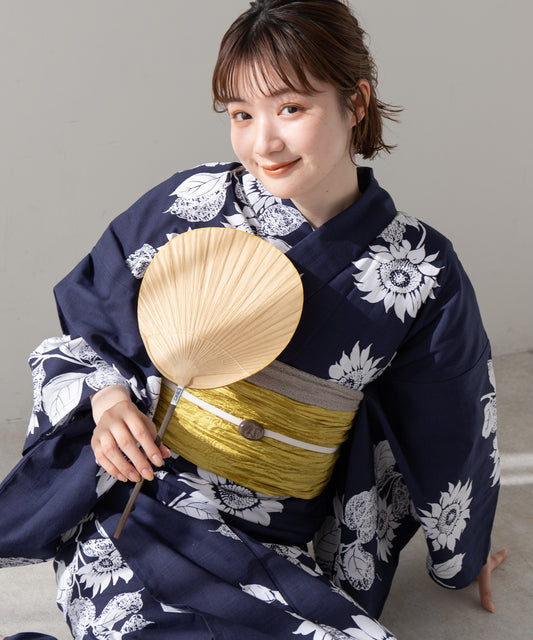こだわり 浴衣 5点セット (浴衣/帯/下駄/腰紐/着付け冊子) ※レース兵児帯は別売り ネイビー ひまわり