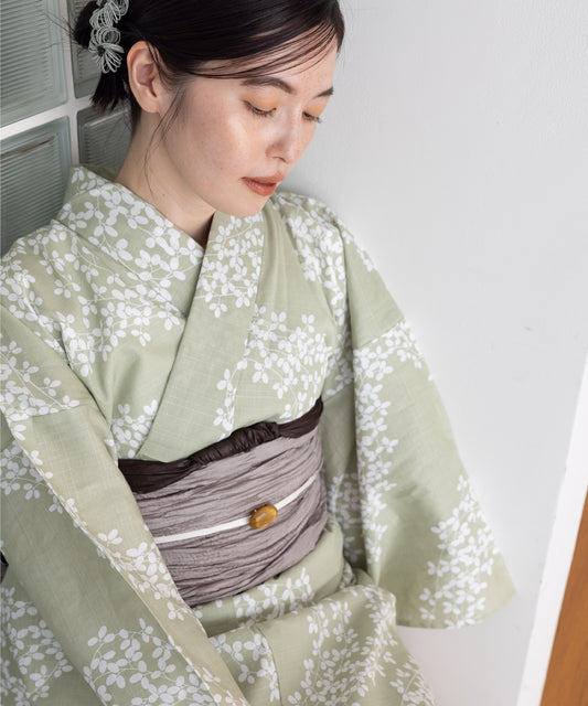 こだわり浴衣 5点セット (浴衣/帯/下駄/腰紐/着付け冊子) ※プリーツ兵児帯は別売り 変わり織生地 ライトグリーン 萩