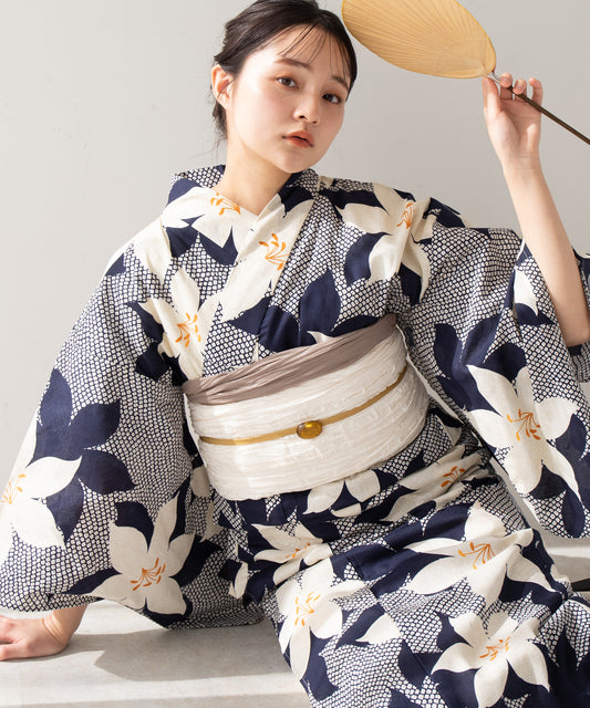 こだわり 浴衣 5点セット (浴衣/帯/下駄/腰紐/着付け冊子) ※プリーツ兵児帯は別売り ネイビー 百合 ゆり 鹿の子 疋田