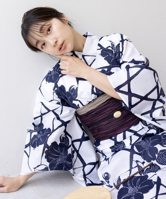こだわり浴衣5点セット (浴衣/帯/下駄/腰紐/着付け冊子)※プリーツ兵児帯は別売り ホワイト系 ネイビー 紺