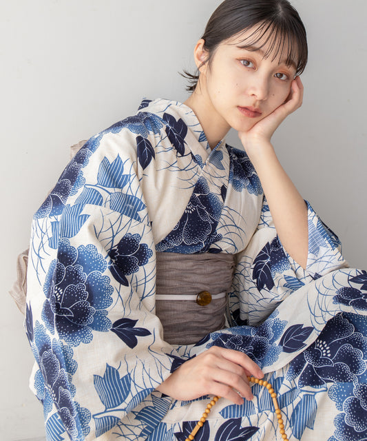 こだわり 浴衣 5点セット (浴衣/帯/下駄/腰紐/着付け冊子) ブルー ネイビー 椿