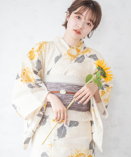 こだわり浴衣5点セット (浴衣/帯/下駄/腰紐/着付け冊子) ※レース兵児帯は別売り 変わり織生地 黄色 イエロー 向日葵