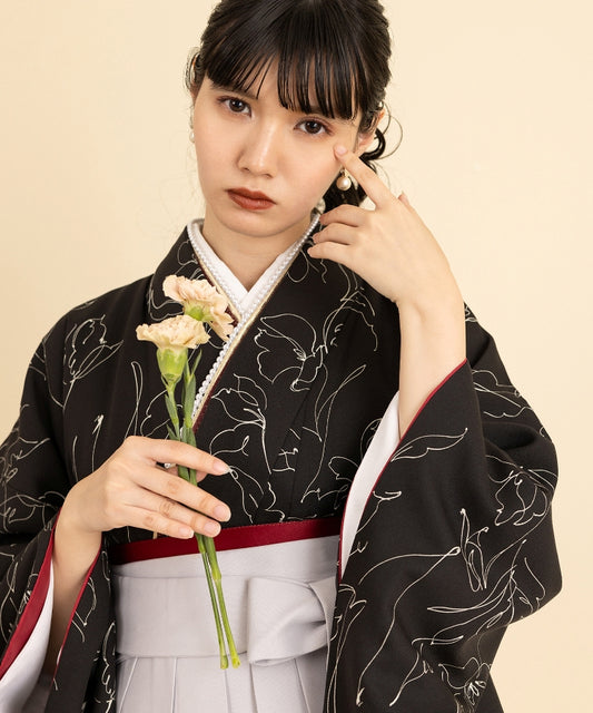 こだわり袴3点セット-フラワー-ブラック系