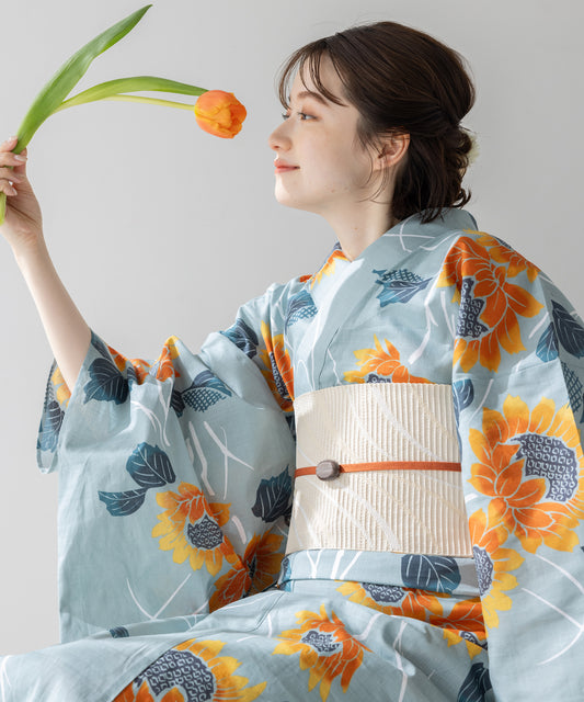 こだわり 浴衣 5点セット (浴衣/帯/下駄/腰紐/着付け冊子) 向日葵 ライトグリーン