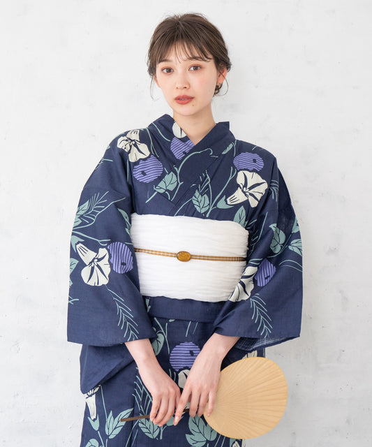 こだわり 浴衣 5点セット (浴衣/帯/下駄/腰紐/着付け冊子) ネイビー 朝顔