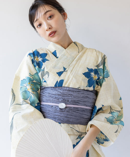 こだわり 浴衣 5点セット (浴衣/帯/下駄/腰紐/着付け冊子) 先染め 綿麻 ブルー 百合 ゆり