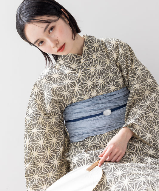 こだわり 浴衣 5点セット (浴衣/帯/下駄/腰紐/着付け冊子) 先染め 綿麻 グレー 麻の葉 鹿の子