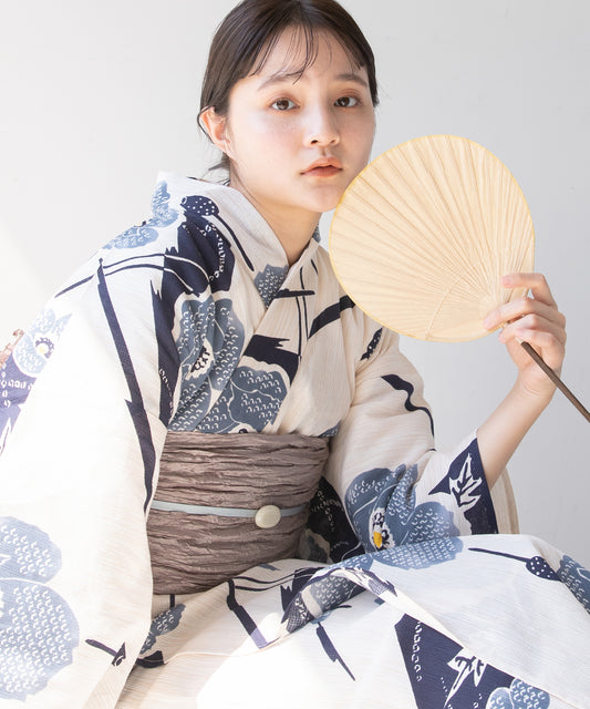 こだわり 浴衣 5点セット (浴衣/帯/下駄/腰紐/着付け冊子) 麻混 綿麻 ブルー ネイビー 椿