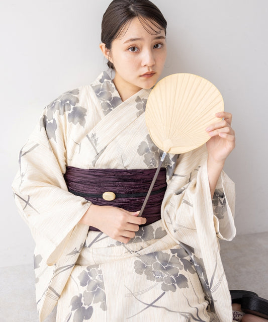 こだわり浴衣 5点セット (浴衣/帯/下駄/腰紐/着付け冊子) 麻混 綿麻 楊柳生地 スミクロ 牡丹 ボタン